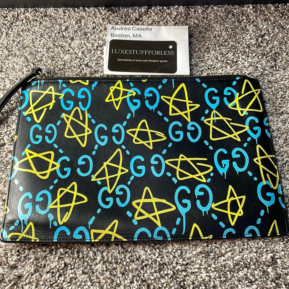 Authentic GUCCI black large leather ghost clutch pouch 8x12”